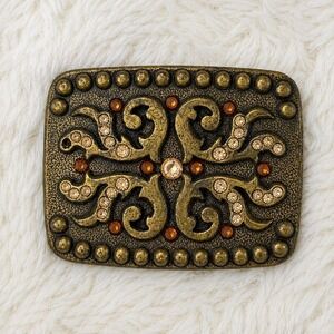 Vintage Western Rhinestone Belt Buckle Bronze Tone Scroll Filigree Cowgirl